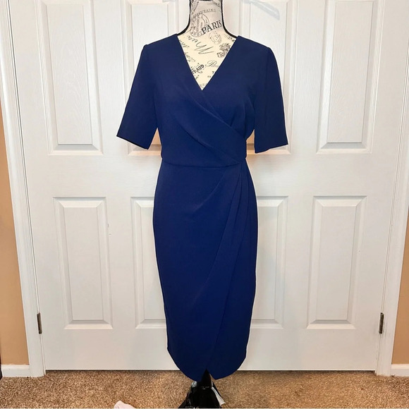 ADRIANNA PAPELL V-Neck Side Ruched Faux Wrap Navy Dress Size 4 Retail $160 - Picture 1 of 15